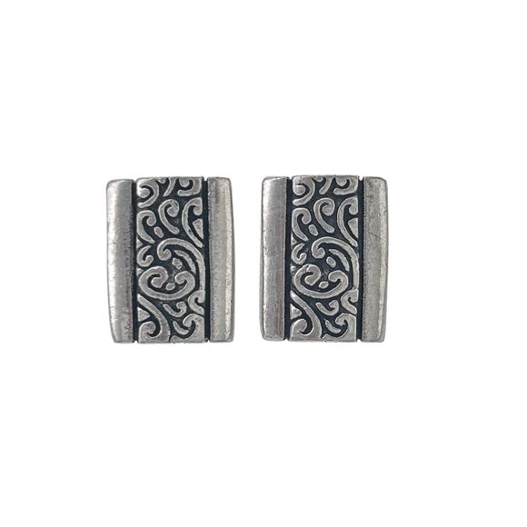 Vintage MD Sterling Silver 925 Rectangle Oxidized Scroll Design Pierced Earrings - Picture 1 of 6
